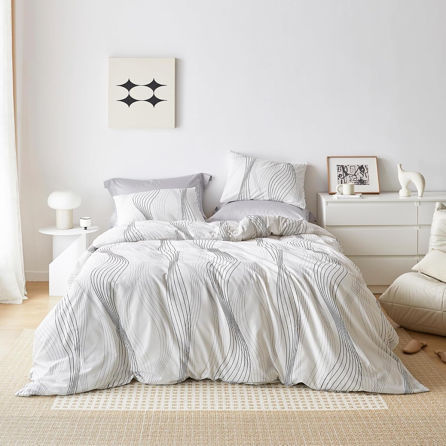 Black Stripe Duvet Cover Queen 100% Cotton 3 Pcs Set 1 Art Abstract Striped Duvet Cover with Zipper Ties 2 Pillowcases Modern Artistic White Geometric Print Bedding Set Soft