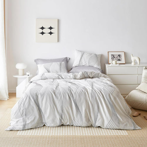 Black Stripe Duvet Cover Queen 100% Cotton 3 Pcs Set 1 Art Abstract Striped Duvet Cover with Zipper Ties 2 Pillowcases Modern Artistic White Geometric Print Bedding Set Soft