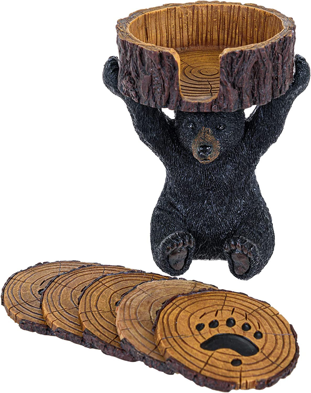 Black Bear Coasters Set - 5 Rustic Home Decor Drink Coasters with Holder - Bear Shaped, Polyresin Material