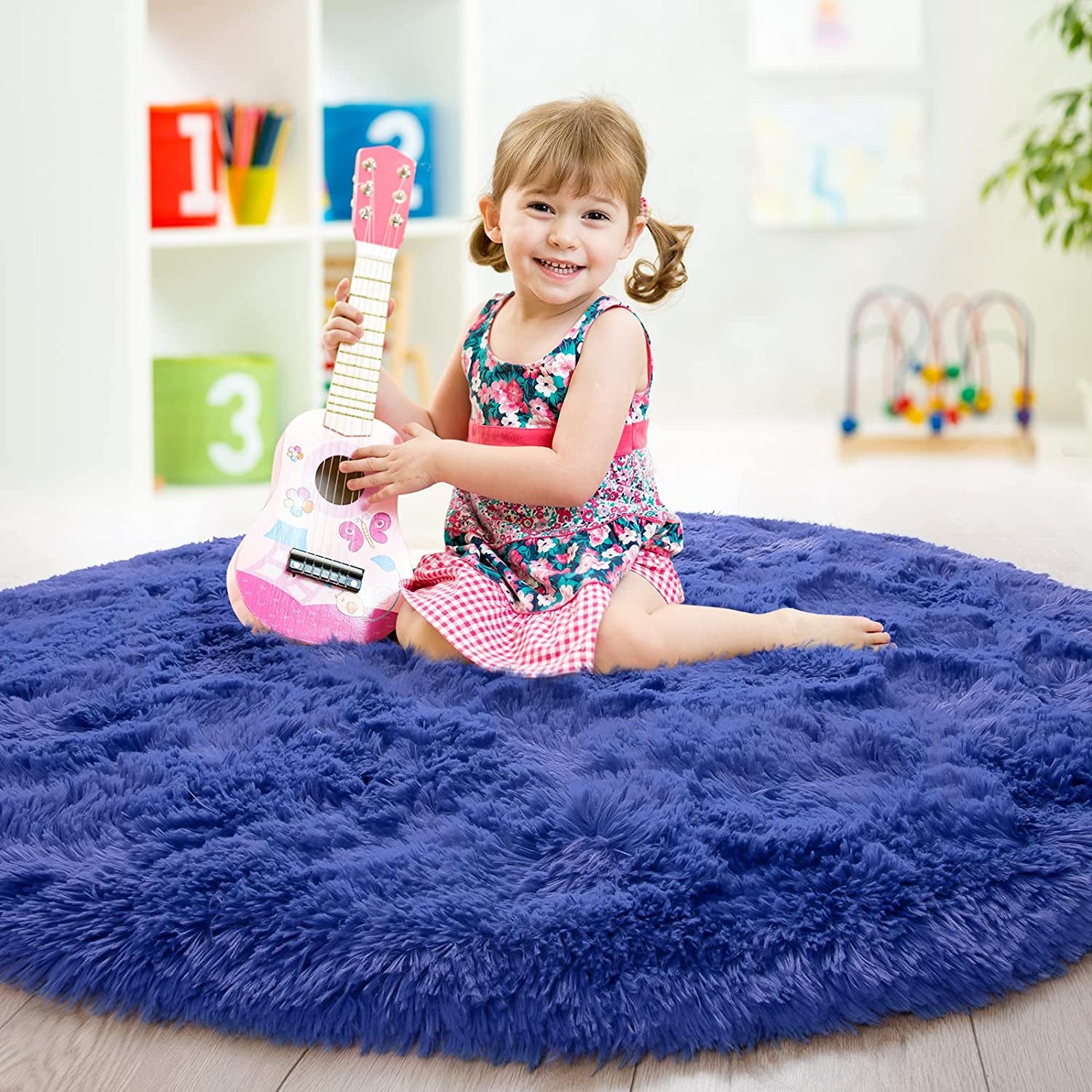 round Rug 5X5 Feet Fluffy Soft Area Rugs for Kids Girls Room Princess Castle Plush Shaggy Carpet Cute Circle Nursery Rug for Kids Girls Bedroom Baby Room Home Decor Circular Carpet, Navy Blue