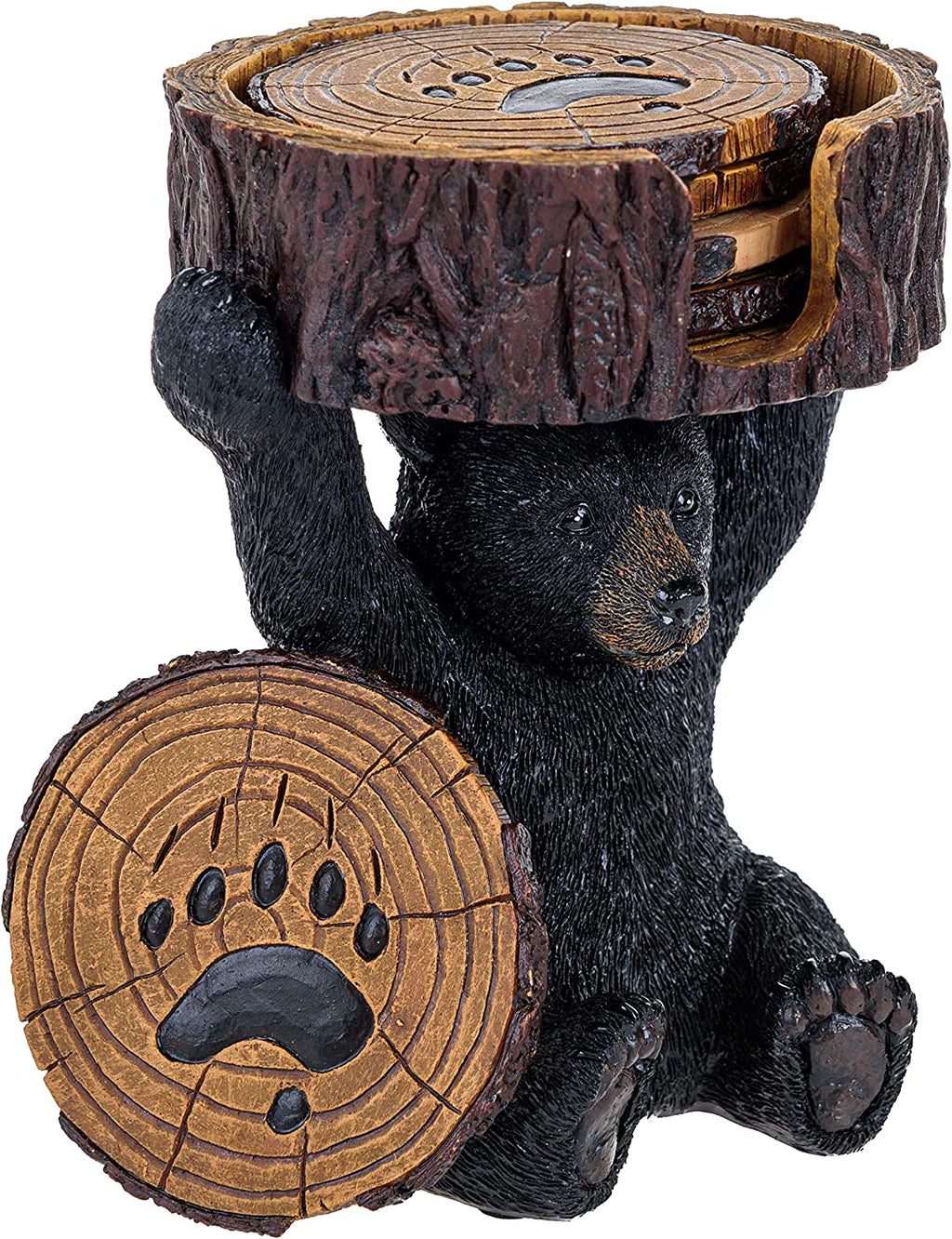 Black Bear Coasters Set - 5 Rustic Home Decor Drink Coasters with Holder - Bear Shaped, Polyresin Material