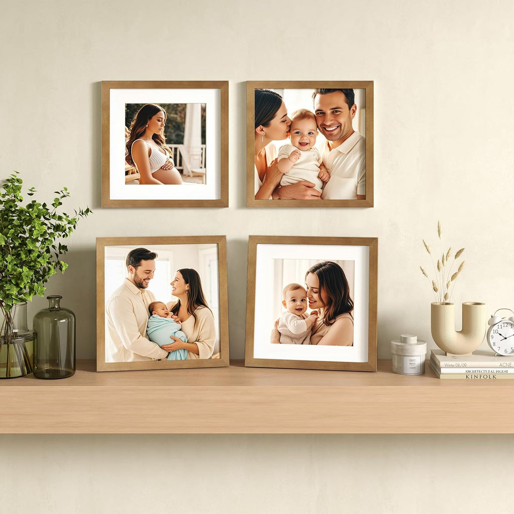 11X11 Picture Frames 4 Pack Covered by Plexiglass, Display Pictures 8X8 with Mat or 11X11 without Mat Made of Solid Wood for Table Top Display and Wall Mounting Photo Frame, Light Brown