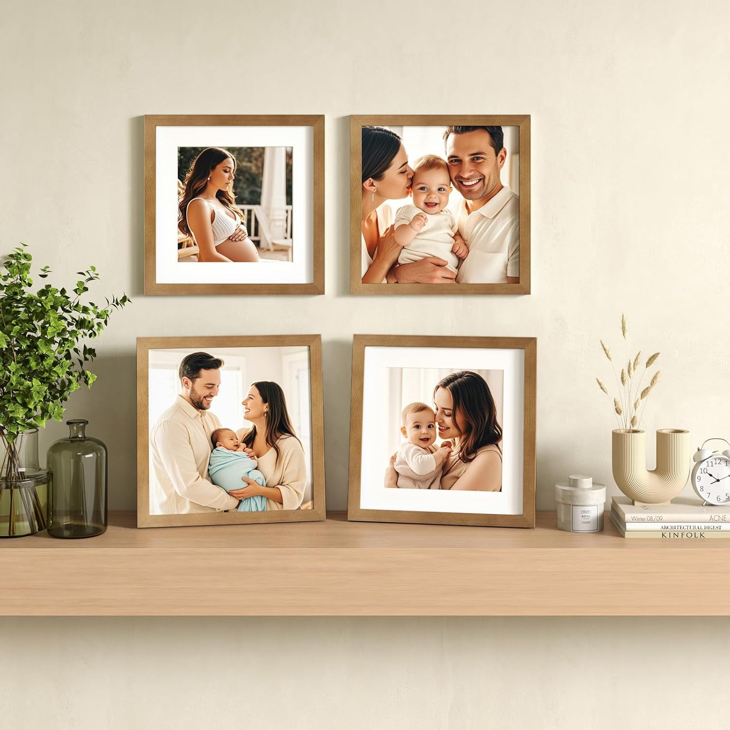 11X11 Picture Frames 4 Pack Covered by Plexiglass, Display Pictures 8X8 with Mat or 11X11 without Mat Made of Solid Wood for Table Top Display and Wall Mounting Photo Frame, Light Brown