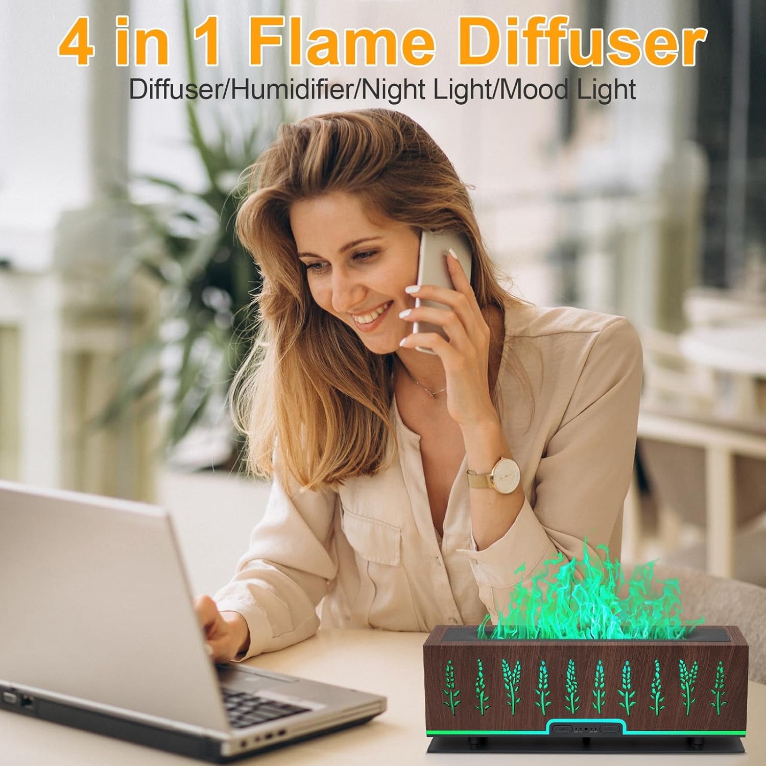 Colorful Essential Oil Diffuser, Flame Oil Diffuser, 7 Colors Changing Oil Aromatherapy Diffuser, 200Ml Cool Mist Ultrasonic Diffuser for Office, Home,Bedroom (Dark Brown)