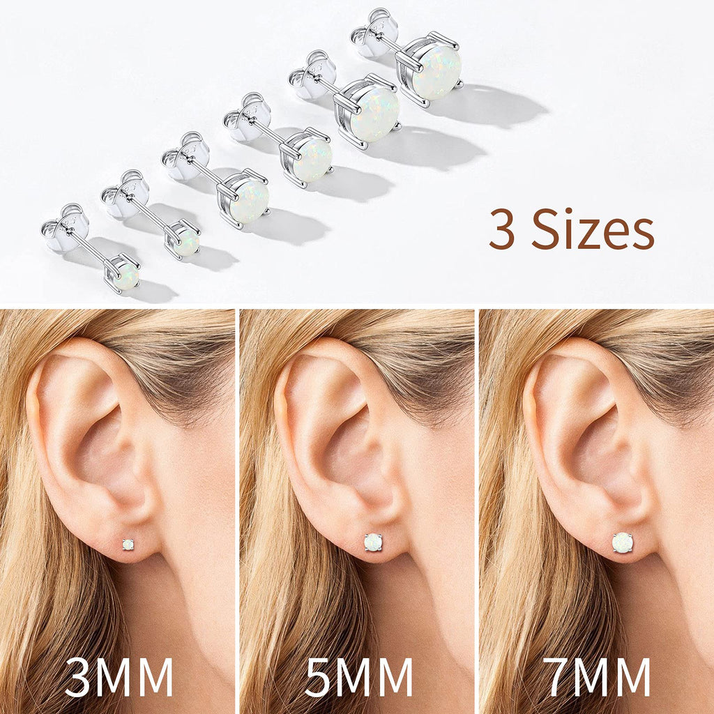 5Mm Created White Opal Stud Earrings Hypoallergenic Sterling Silver round Cut Earrings for Women October Birthstone Jewelry