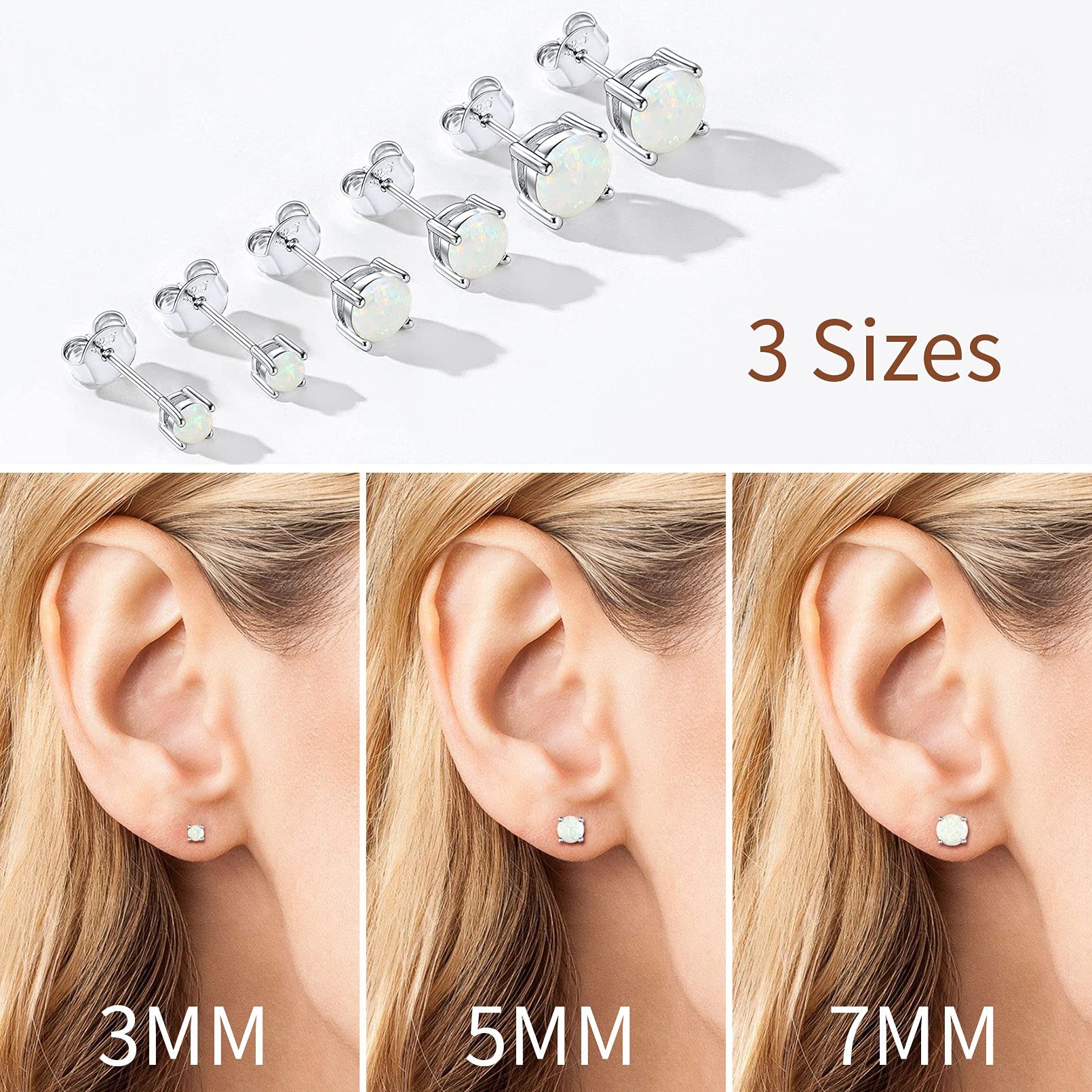 5Mm Created White Opal Stud Earrings Hypoallergenic Sterling Silver round Cut Earrings for Women October Birthstone Jewelry