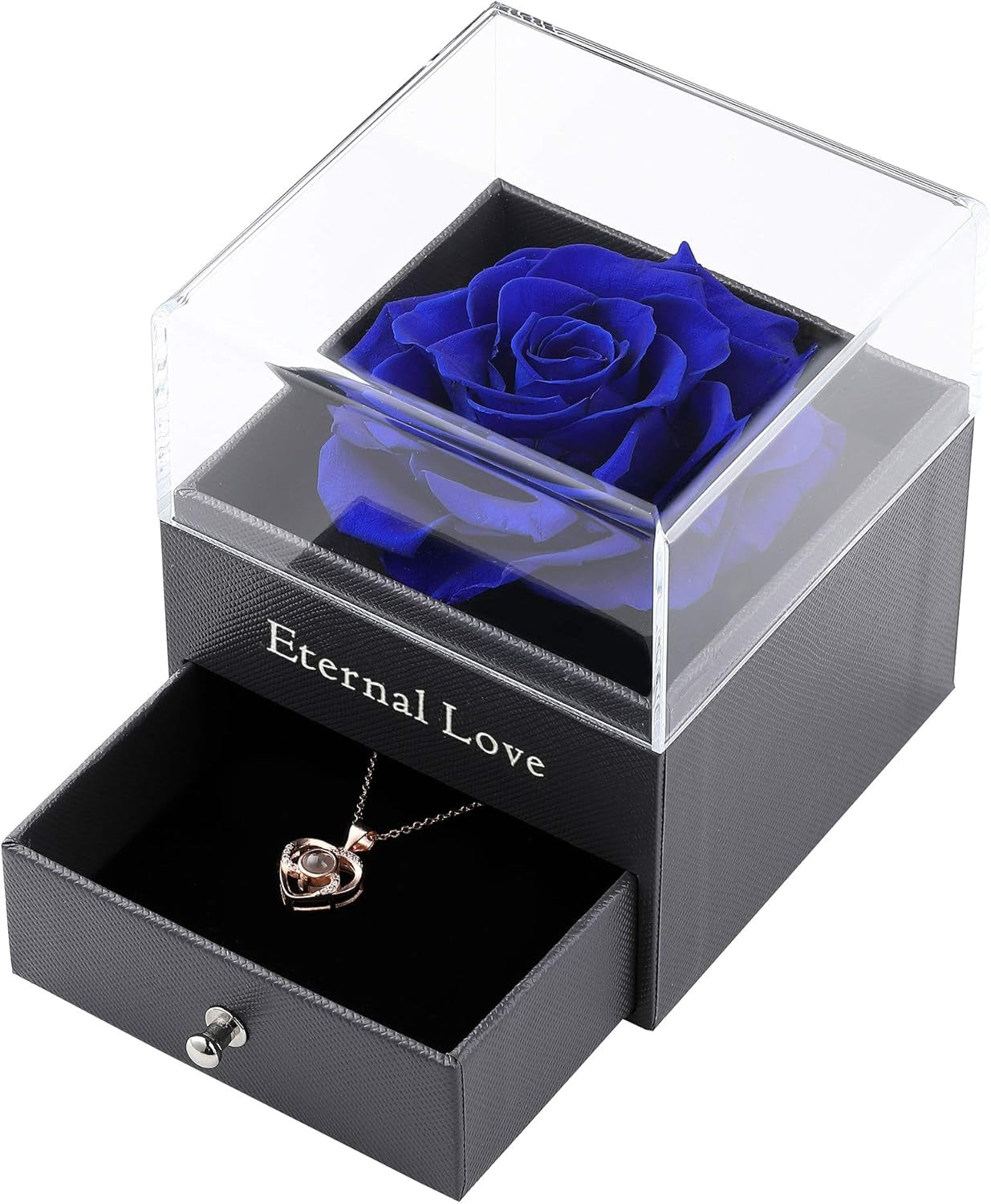 Real Preserved Blue Rose - Eternal Rose Gift Box with Love You Necklace, Handmade Fresh Rose Gift for Her on Birthday,Christmas,Mother'S Day,Valentine'S Day (Blue)