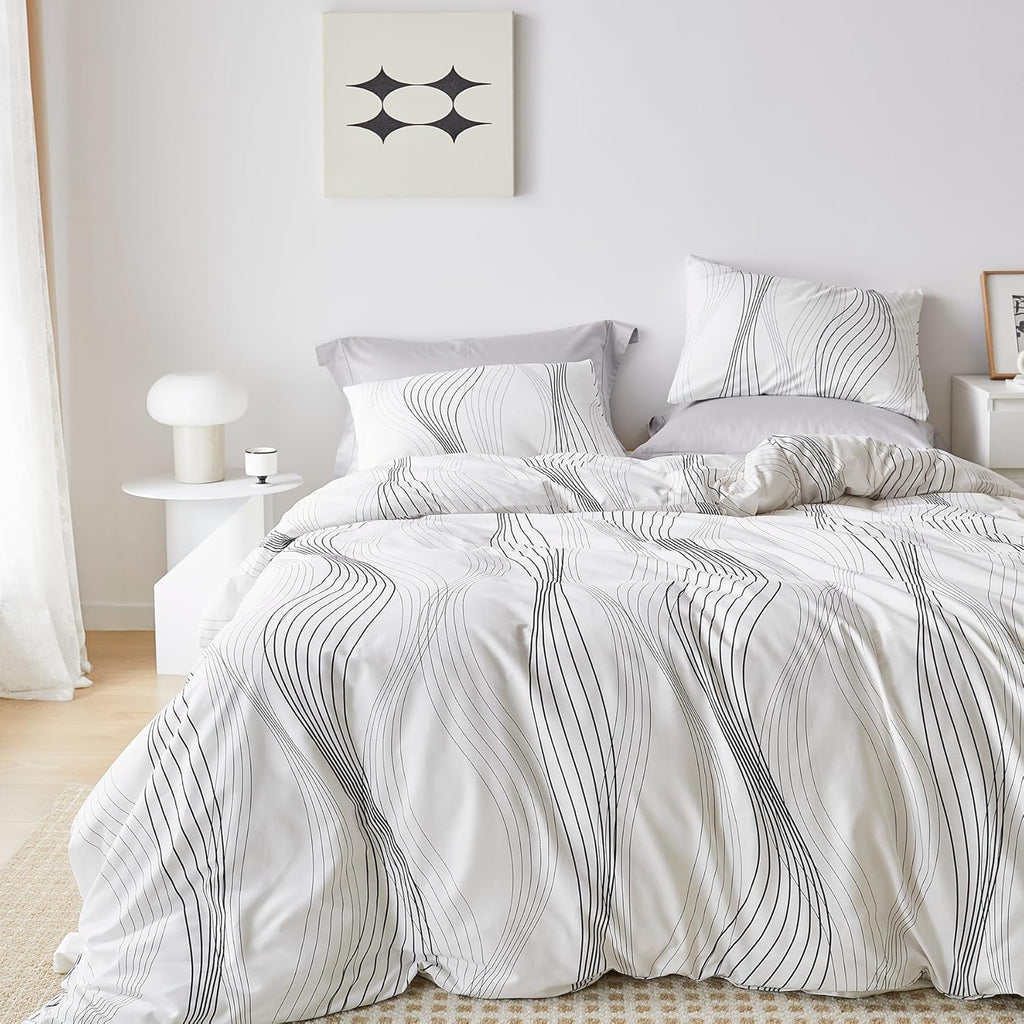 Black Stripe Duvet Cover Queen 100% Cotton 3 Pcs Set 1 Art Abstract Striped Duvet Cover with Zipper Ties 2 Pillowcases Modern Artistic White Geometric Print Bedding Set Soft