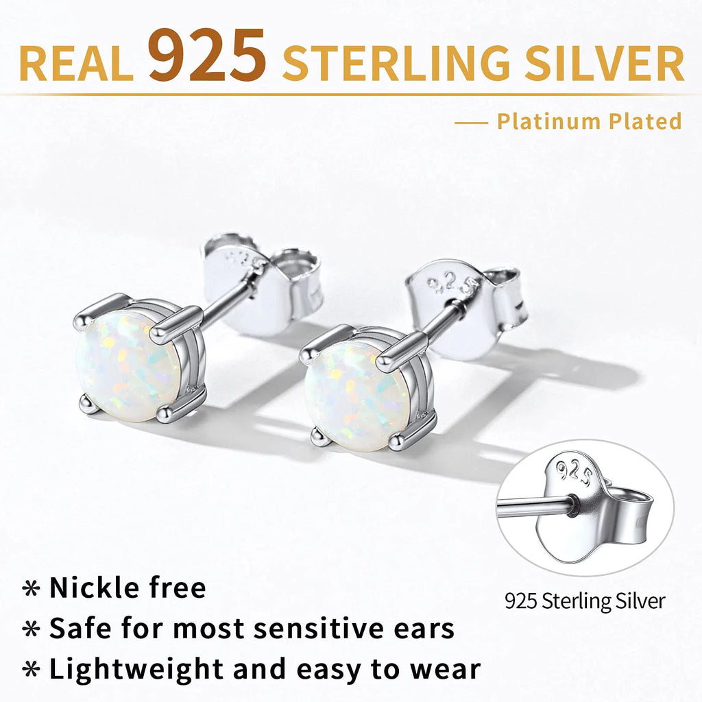 5Mm Created White Opal Stud Earrings Hypoallergenic Sterling Silver round Cut Earrings for Women October Birthstone Jewelry