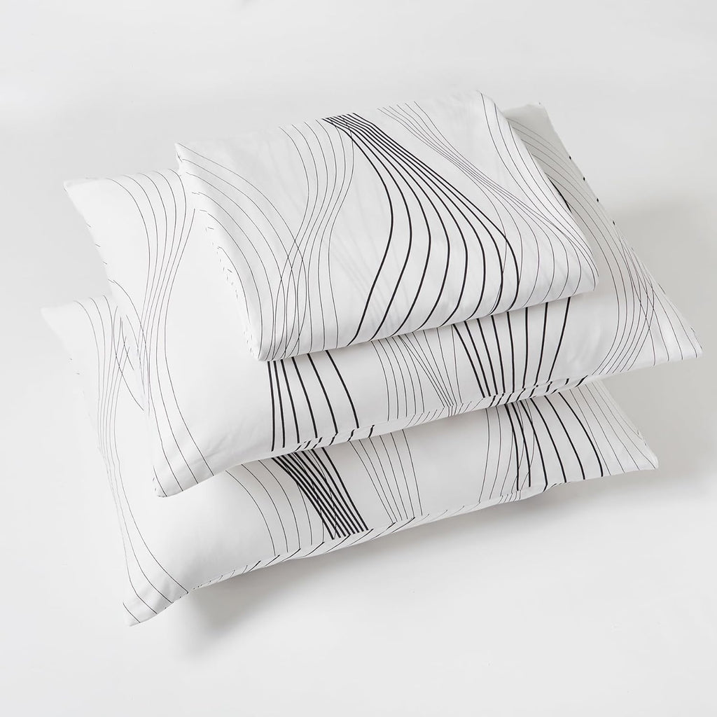 Black Stripe Duvet Cover Queen 100% Cotton 3 Pcs Set 1 Art Abstract Striped Duvet Cover with Zipper Ties 2 Pillowcases Modern Artistic White Geometric Print Bedding Set Soft