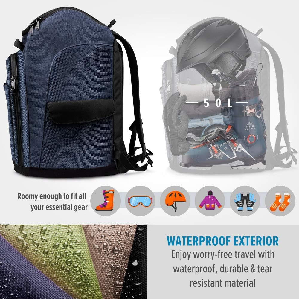 50L Ski Boot Bag, Ski and Snowboard Boots Travel Backpack with Separate Compartments for Helmet, Ski Shoes, Goggles, Gloves, and Accessories, Splash Proof Exterior & Bottom