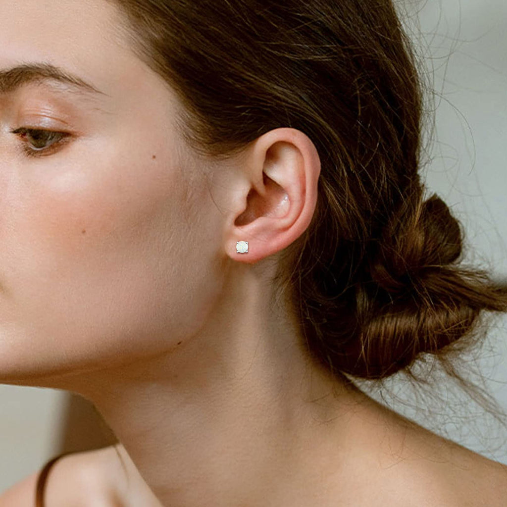 5Mm Created White Opal Stud Earrings Hypoallergenic Sterling Silver round Cut Earrings for Women October Birthstone Jewelry